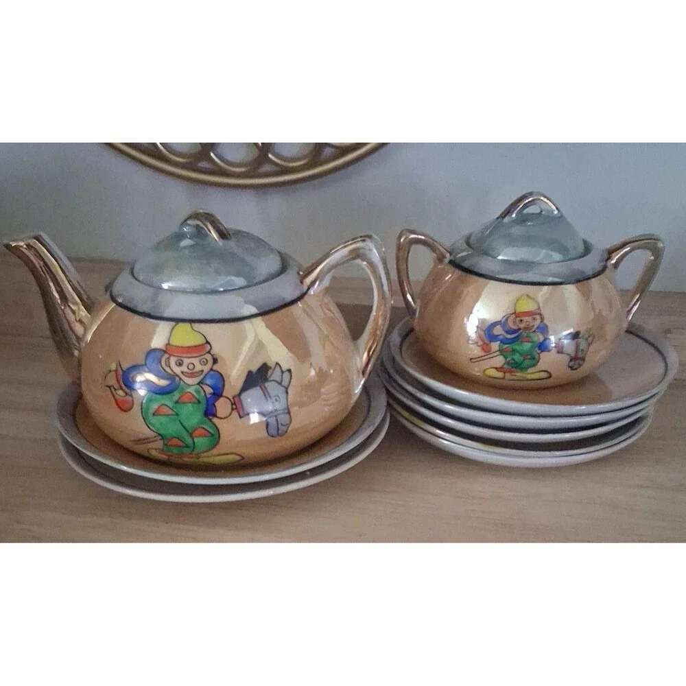 Antique Tea Set, Japan Lusterware clown, Teapot, Sugar, saucers and plates 11
